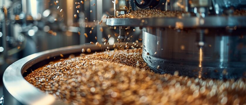 Closeup of the malt milling equipment in a craft brewery, focus on the grain crushing process with visible roller mechanisms and freshly crushed grains, industrial environment with a metallic feel, Ph