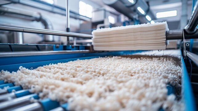 Macro shot of the paper cardboard being processed, visible fibers and water drainage, focus on the transition from pulp to solid sheet, industrial setup with stainless steel equipment, Highdetail, Pho