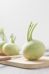 Fresh raw green kohlrabi with leaf on white background, Vegetable from Organic farm ingredient for...