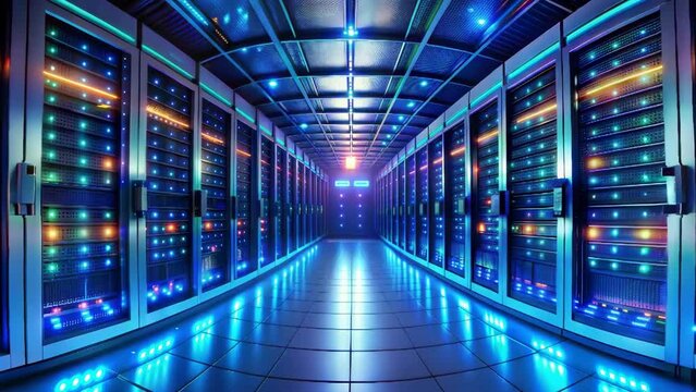 a modern data center with rows of server racks, illuminated by blue and purple lights, representing the backbone of cloud computing, data storage, and information technology systems