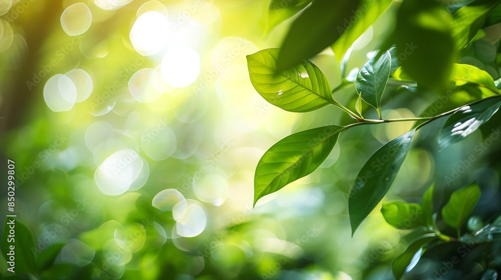 Aufkleber Bokeh of vivid leaves of trees in sunlight Natural green background Blurred rich greenery with copy space Abstract texture of defocused lush foliage in sunny day Backdrop of scenic nat : Generative AI