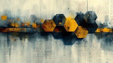 An abstract collage featuring hexagons with newspaper print, mixed fonts, monochrome colors, hd quality, digital art, high contrast, geometric design, modern aesthetic, artistic abstraction.