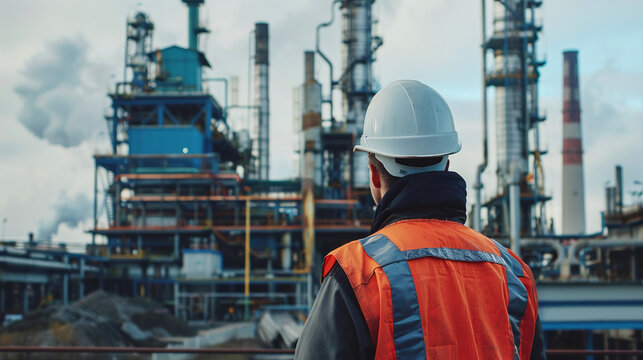 A petroleum engineer stands looking at a large production plant where he is working. Ai generate.