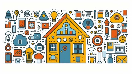 A house with a lot of icons, including a camera, computer, and other objects, all around it.