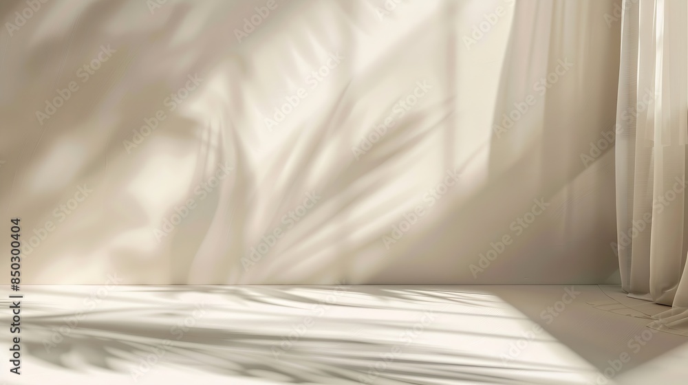 Poster Minimalistic abstract gentle light beige background for product presentation with light and shadow of window curtains on wall : Generative AI