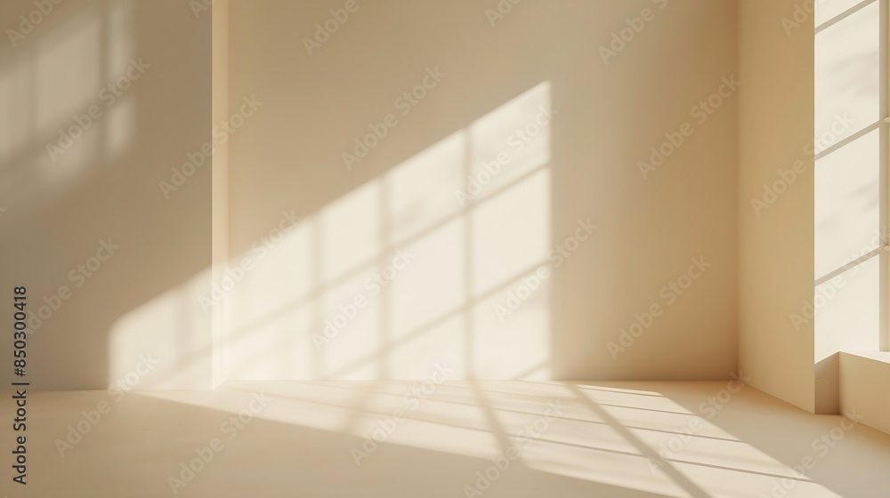 Aufkleber Empty Studio 3d exhibition background  pastel creamy beige stage with soft natural abstract diagonal window light and shadows Minimal architectural scene for product mock up Front view : Generative AI
