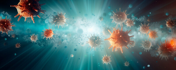 A dynamic 3D virus bursts into light, centering on a single particle to illustrate infection, captured in a wide-angle shot that invites viewers into an immersive visual experience.