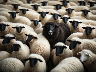 Single black sheep in a flock of sheep. Black sheep idiom