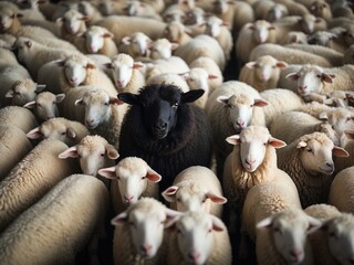 Fototapeta premium Single black sheep in a flock of sheep. Black sheep idiom
