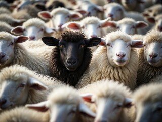 Obraz premium Single black sheep in a flock of sheep. Black sheep idiom