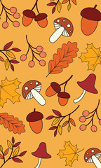 Autumn poster or cover with outline illustration design of bright leaves and beautiful fruits outline illustration design