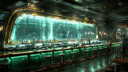 A bar with a long counter and green lighting, featuring a mirrored wall and a variety of bottles and cups on display.