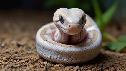Fototapeta premium a yellow and white snake is curled up on a piece of wood with it's head resting on it's back.