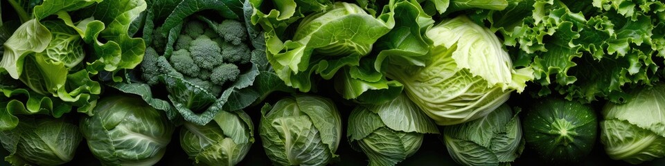 Obraz premium Fresh Green Leafy Vegetables Assortment Panorama