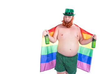 Funny fat man drinks green beer. White background.