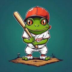 Cute baby frog baseball player Vector Logo little animal character, illustration simbol print