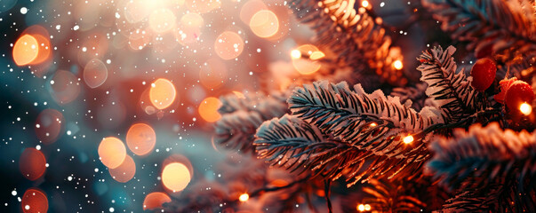 Detailed view of festive Christmas tree adorned with glowing lights, set against backdrop of more lights creating a warm, inviting atmosphere. New Year's Eve frame. Christmas card. Banner. Copy space
