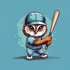 Cute baby owl baseball player Vector Logo little animal character, illustration simbol print