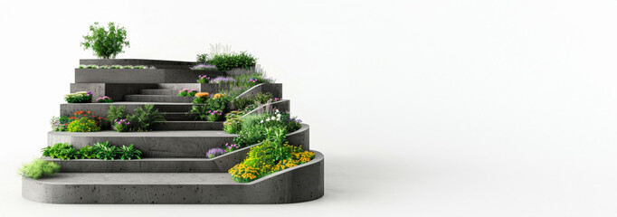 A minimalist garden staircase blooms with an array of colorful plants, marrying architecture with nature. micro garden of greenery and plants. Banner. Copy space