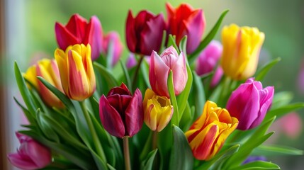 Naklejka premium Bouquet of colorful tulip spring flowers, vibrant mix of red, yellow, pink, and purple, lush green leaves, natural light