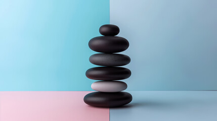 Stack of smooth, black pebbles balanced on a pastel pink and blue background, representing calmness and balance.
