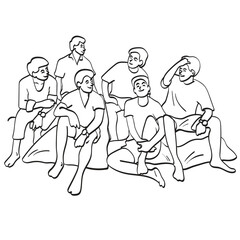 six men sitting together illustration vector hand drawn isolated on white background