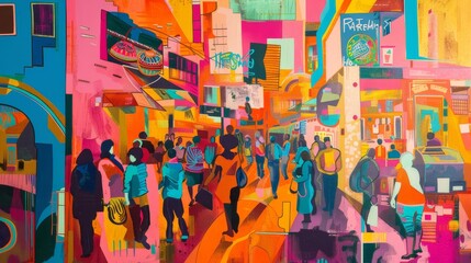 Fototapeta premium Colorful markets and bustling streets in an abstract representation of Latin American urban life background