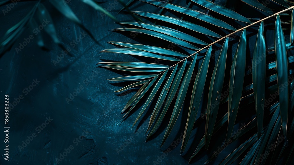 Poster light and shadow on palm leaf dark blue nature background : generative ai
