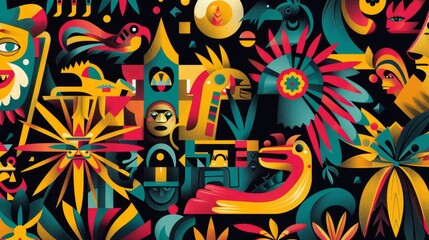 Richness of Latin America depicted with cultural symbols and historical imagery background