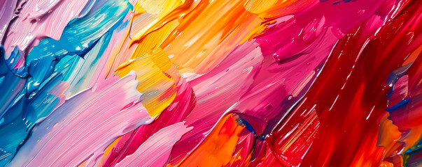 This close-up shows a detailed painting with a myriad of vibrant colors. Each brushstroke blends seamlessly to create a visually striking composition filled with a wide array. Banner. Copy space