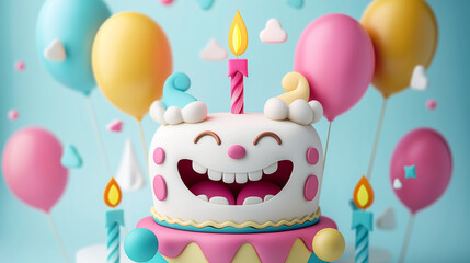 Colorful and cheerful animated birthday cake with smiling face, balloons, and a lit candle