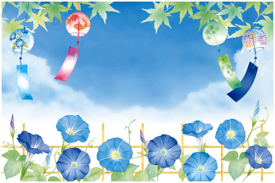 水彩タッチの風鈴と朝顔の夏の爽やかな暑中見舞いイラスト