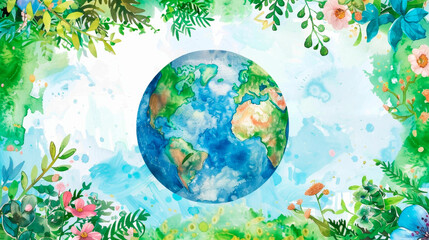 A painting depicting the Earth at the center, surrounded by a vibrant array of colorful flowers in full bloom. Earth is prominently displayed, with intricate details of continents. Banner. Copy space