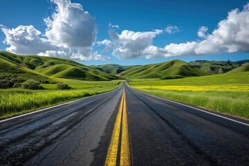 Naklejka premium The asphalt road leading to the distance on the grassland