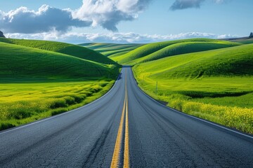 Fototapeta premium The asphalt road leading to the distance on the grassland