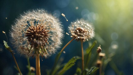 A dandelion gone to seed its fluffy white head ready to be blown away by the wind.