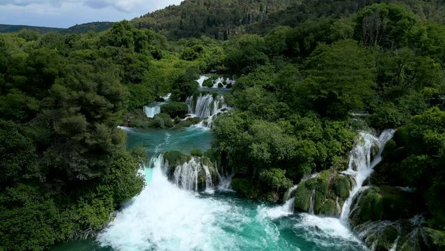 Experience the breathtaking beauty of Skradinski Buk from above in this stunning aerial footage captured in Krka National Park, Croatia.
