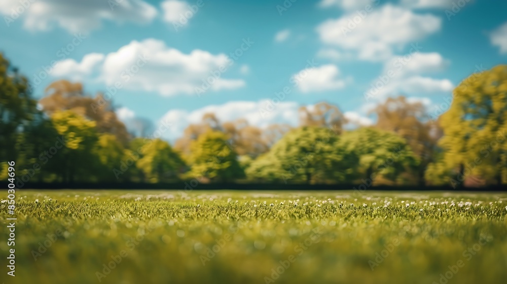 Poster Beautiful blurred background image of spring nature with a neatly trimmed lawn surrounded by trees against a blue sky with clouds on a bright sunny day : Generative AI