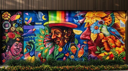 Digital mural celebrating Hispanic Heritage with cultural symbols background