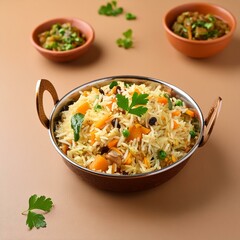 Indian food veg biryani or veg pulav on tan background