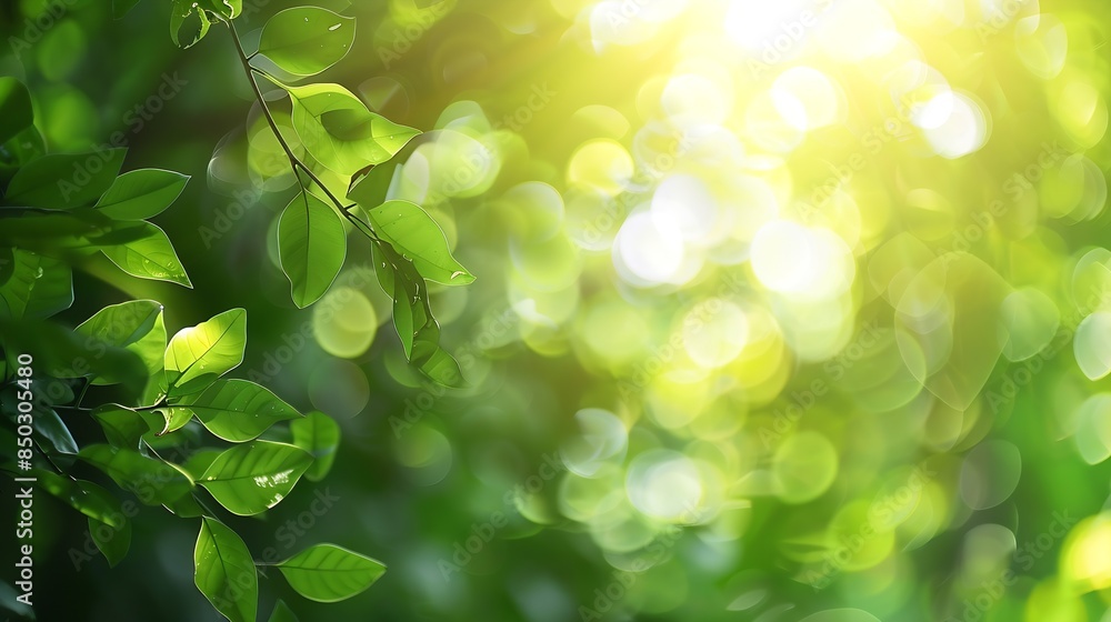 Aufkleber Bokeh of vivid leaves of trees in sunlight Natural green background Blurred rich greenery with copy space Abstract texture of defocused lush foliage in sunny day Backdrop of scenic nat : Generative AI