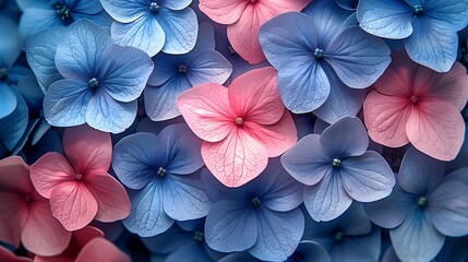 Floral pattern made of repeating pentagons, shades of blue and pink, hd quality, digital rendering, high contrast, geometric precision, modern design, artistic composition, elegant and lively.