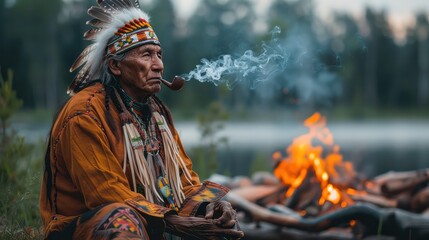 A red Indian wearing Indian clothing sat by a campfire smoking a pipe.