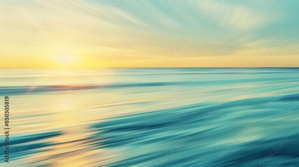 Poster sunset on the beach abstract motion blur abstract seascape in light turquoise and yellow colors copy