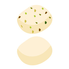 Gourmet Italian Mozzarella cheese with basil leaves. Whole Mozzarella balls of fresh white cheese ,cut pieces. Organic healthy farm food. Flat vector illustration of food isolated, white background