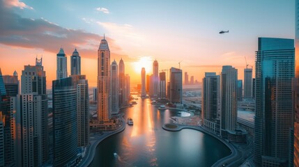 Obraz premium Drone view of Sheikh Zayed Road in Dubai from a tall building. The midday sun hits the surface of the water. A helicopter flying into the distance.
