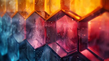 Frosty glass hexagons layered in a geometric pattern, vivid colors, hd quality, digital illustration, high contrast, geometric precision, modern design, artistic composition, elegant simplicity.
