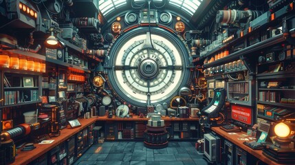 The room is filled with various items, including a large clock in the center. The room also has a lot of shelves and a counter. The overall atmosphere is that of a busy and disorganized space.