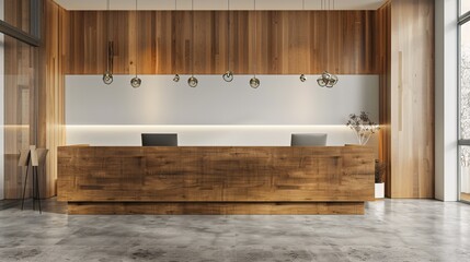 A highly detailed photograph of a contemporary hardwood reception counter with an eye-catching advertisement poster, surrounded by clear, sharp office decor and accessories