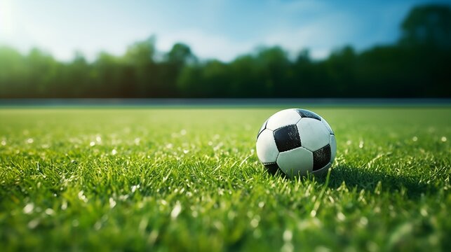 Fototapeta An outdoor scene depicting a soccer ball on a green grass field under daylight